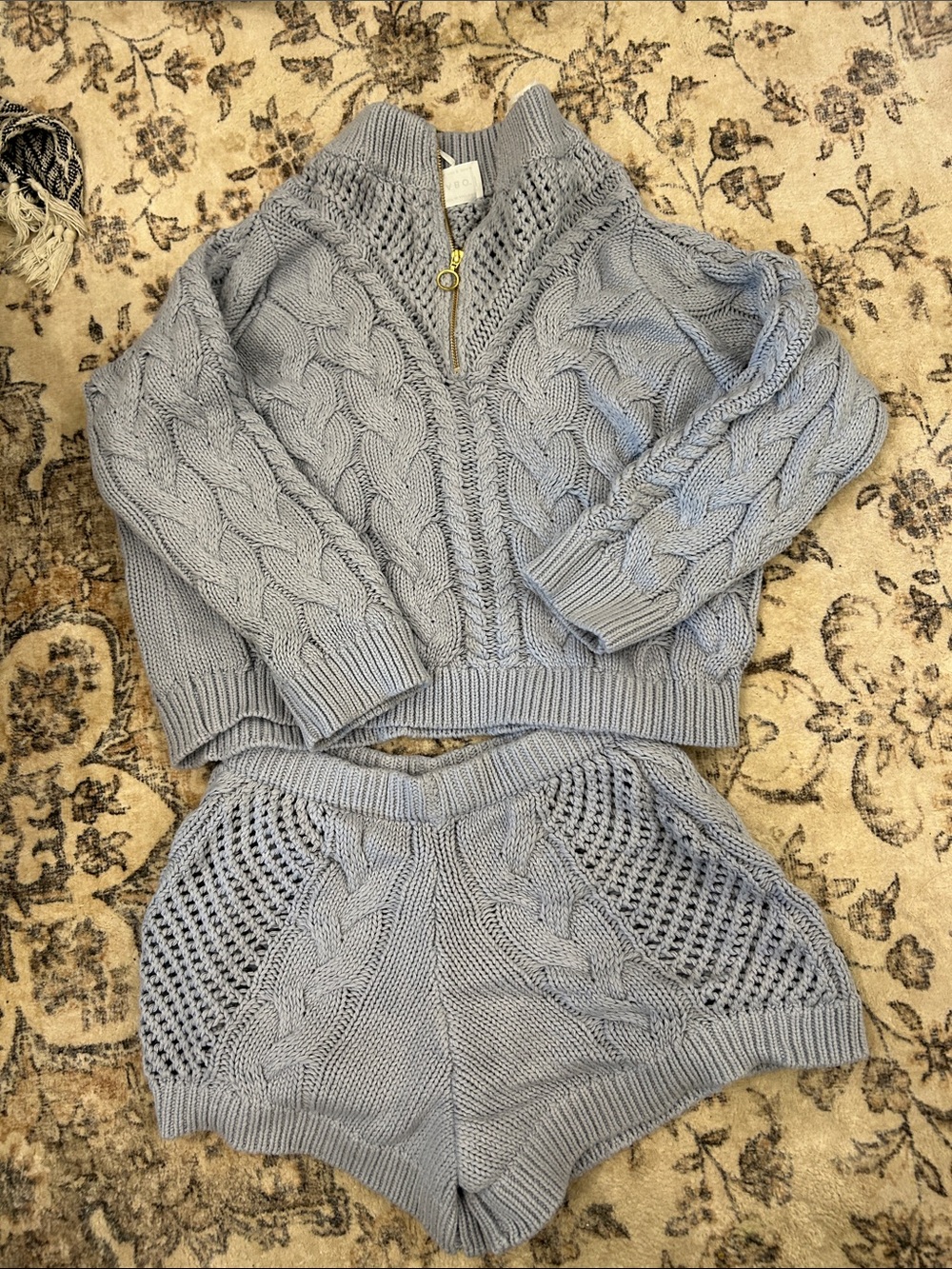 Sabo Skirt Light Gray Cable Knit Zip Pullover & Shorts Set
